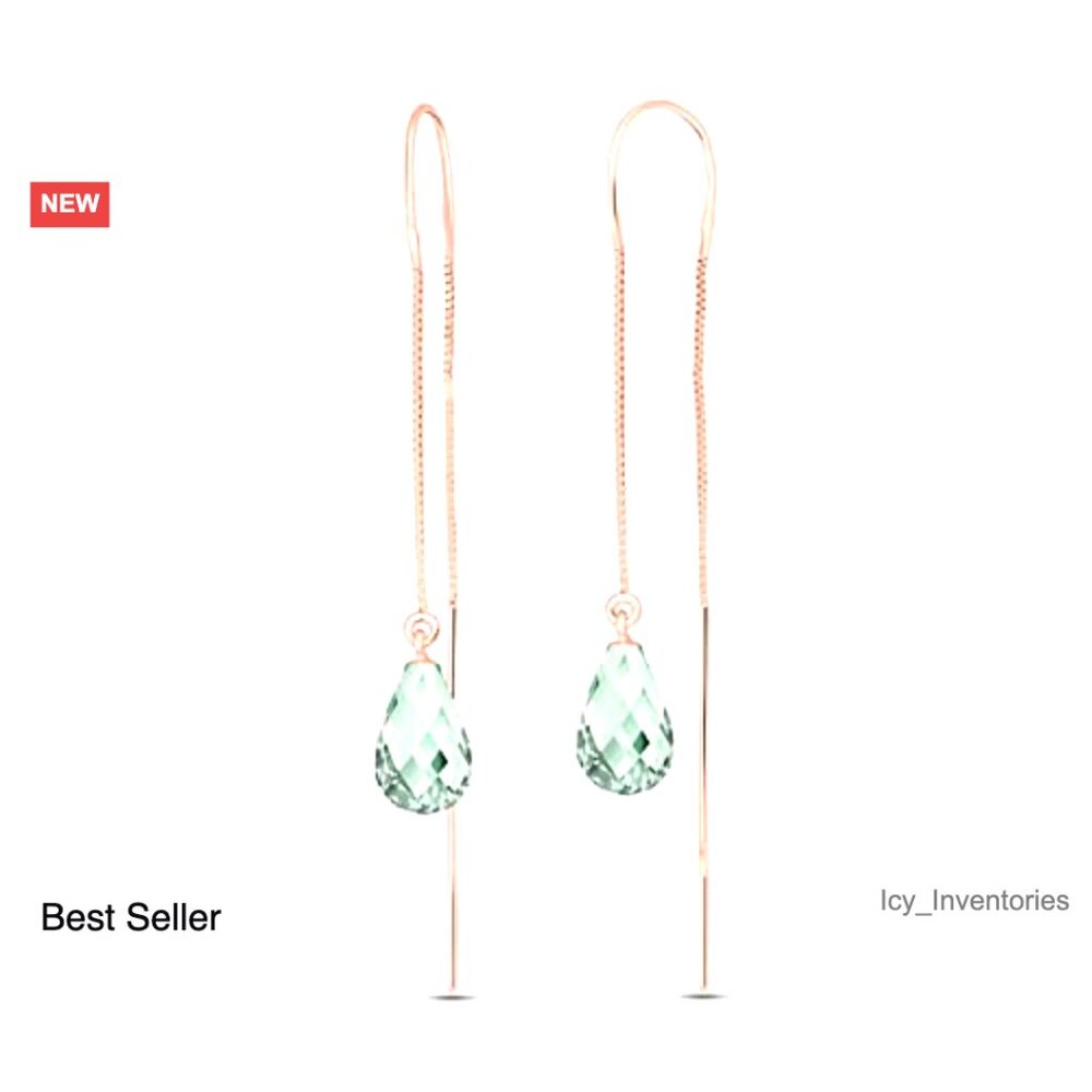 14k Solid Gold Green Amethyst Thread Earrings Ele… - image 2